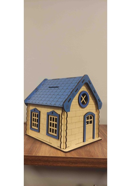 Ahşap Ev Kumbara Büyük Boy Mavi Renk