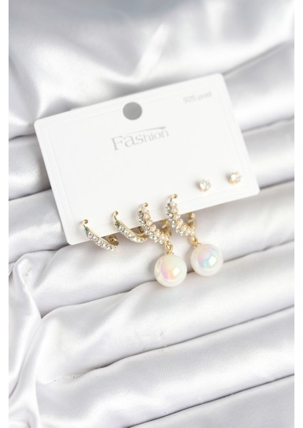 Pirinç Gold Renk Incili 925 Ayar Gümüş Çivi Kadın Küpe Seti TG27BKP11250