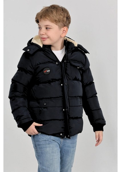 Kışlık Yoğun Şişme Elyaf Dolum Kapüşonlu Kalın Su Geçirmez Erkek Çocuk Mont