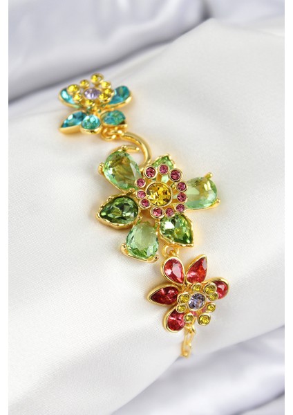 Vıp Pirinç Zirkon Taşlı Çiçek Model Gold Renk Kadın Bileklik