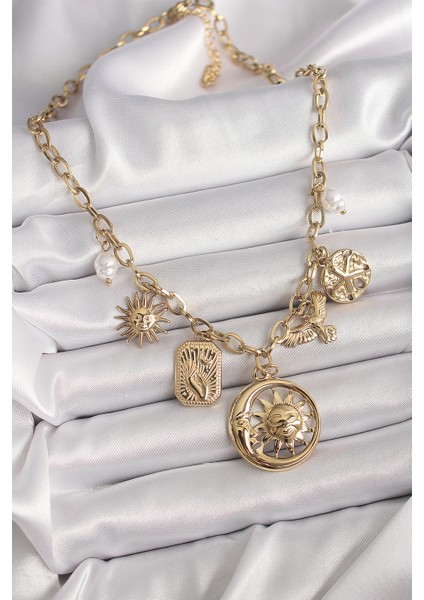 316L Çelik Gold Renk Halka Zincir Sallantı Ay Güneş Figür Kuş Detay Kadın Kolye fiyatları