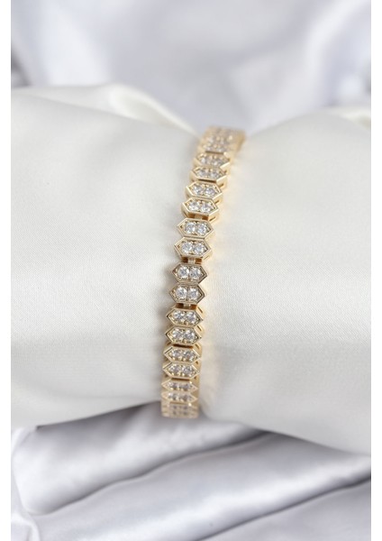 Pirinç Vıp Seri Gold Renk Zirkon Taşlı Kadın Bileklik