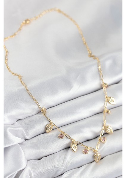 Pirinç Zirkon Taşlı Sallantılı Damla Model Gold Renk Kadın Kolye fiyatları