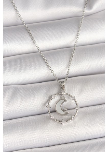 316L Çelik Gümüş Renk Zincir Zirkon Taşlı Beyaz Mineli Hilal Model Kadın Kolye
