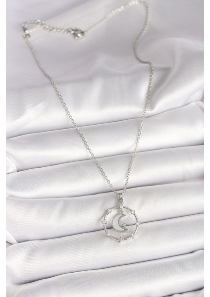 316L Çelik Gümüş Renk Zincir Zirkon Taşlı Beyaz Mineli Hilal Model Kadın Kolye fiyatları