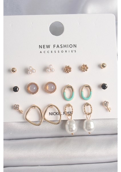 Pirinç Gold Renk Incili Halka Model 9 Çift Kadın Küpe Seti