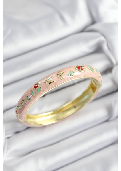 Mineli Pirinç Pembe Çiçek Motifli Gold Renk Kadın Kelepçe