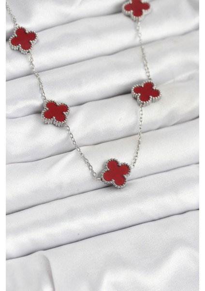 316L Çelik Zincir Gümüş Renk Bordo Renk Yonca Kadın Kolye