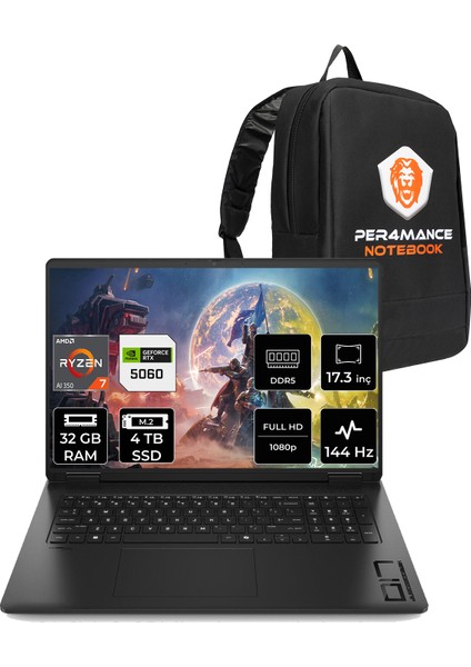 Omen 17 Amd Ryzen Aı 7 350 32GB 4tb SSD RTX5060/8GB 17.3" Fhd 144Hz Fdos Taşınabilir Bilgisayar & Per4 Çanta C2EZ2EAPN323
