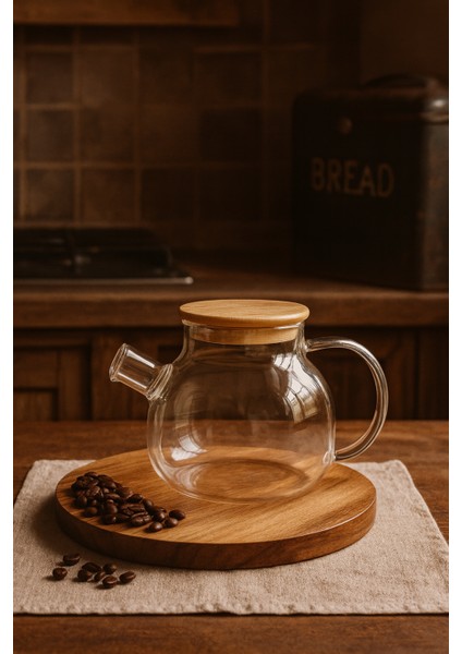 1000 ml Bambu Kapaklı Borosilikat Cam Demlik – Şık ve Dayanıklı Büyük Boy Demlik