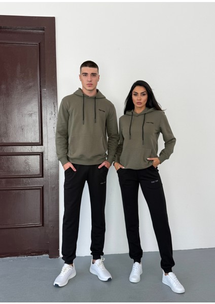 Unisex Üç Iplik Diagonel Kumaş Modern Ikili Haki Kapüşonlu Üst, Siyah Alt Eşofman Takımı fiyatları