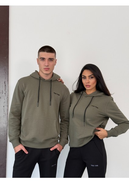 Unisex Üç Iplik Diagonel Kumaş Modern Ikili Haki Kapüşonlu Üst, Siyah Alt Eşofman Takımı