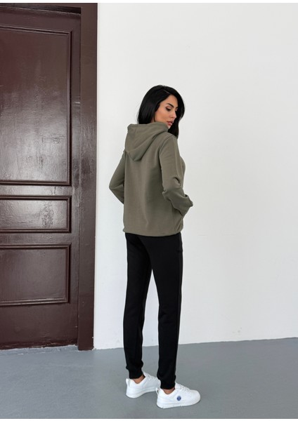 Unisex Üç Iplik Diagonel Kumaş Modern Ikili Haki Kapüşonlu Üst, Siyah Alt Eşofman Takımı fırsatları