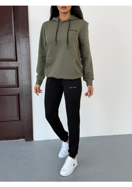 Unisex Üç Iplik Diagonel Kumaş Modern Ikili Haki Kapüşonlu Üst, Siyah Alt Eşofman Takımı indirimleri