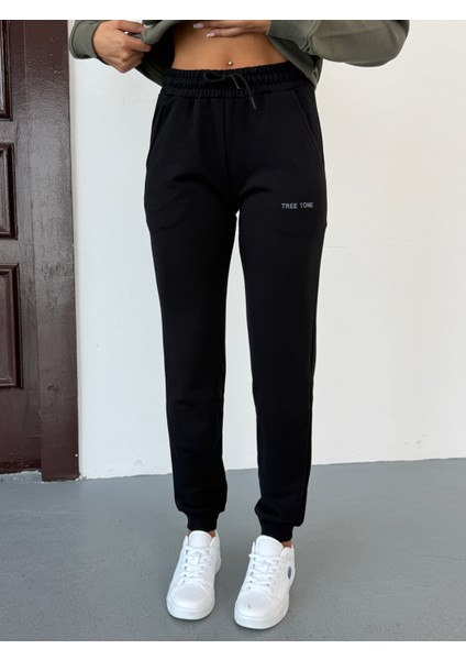 Unisex Üç Iplik Diagonel Kumaş Modern Ikili Haki Kapüşonlu Üst, Siyah Alt Eşofman Takımı