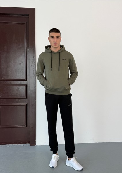 Unisex Üç Iplik Diagonel Kumaş Modern Ikili Haki Kapüşonlu Üst, Siyah Alt Eşofman Takımı