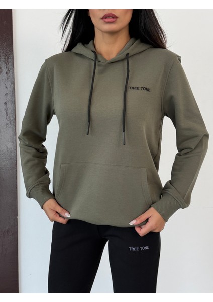 Unisex Üç Iplik Diagonel Kumaş Modern Ikili Haki Kapüşonlu Üst, Siyah Alt Eşofman Takımı