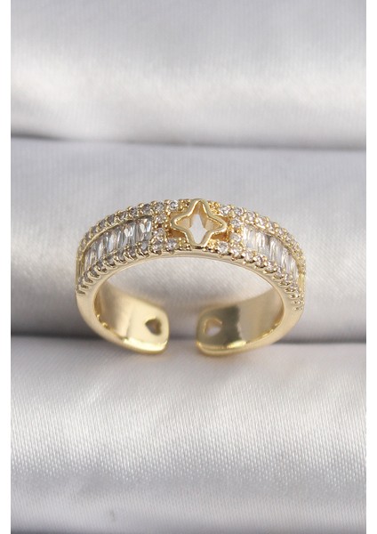 Pirinç Gold Renk Zirkon Taşlı Yıldız Işleme Vıp Seri Kadın Yüzük - Lisinya