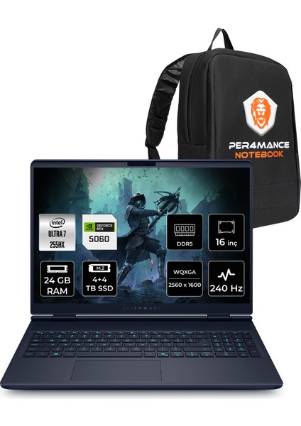 Alienware 16X Aurora Intel Core Ultra 7 255HX 24GB 4tb+4tb SSD RTX5060/8GB 16" Qhd+ Fdos Taşınabilir Bilgisayar & Per4 Çanta AC16251CU732156WP318