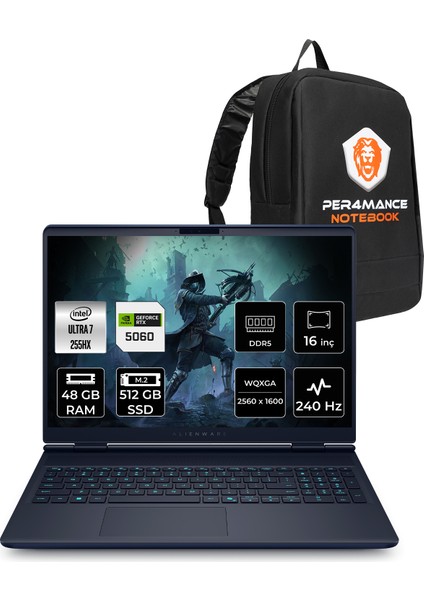 Alienware 16X Aurora Intel Core Ultra 7 255HX 48GB 512GB SSD RTX5060/8GB 16" Qhd+ Fdos Taşınabilir Bilgisayar & Per4 Çanta AC16251CU732156WP332