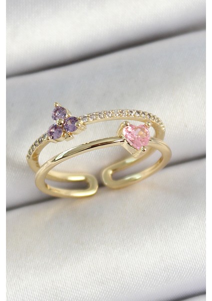 Pirinç Kalp ve Çiçek Figürlü Zirkon Taşlı Gold Renk Ayarlanabilir Kadın Yüzük - Lisinya