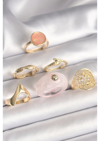 Pirinç Gold Renk Pembe Plastik Yüzük Model Daire Pembe Mine Yılan Detay 6'lı Kadın Yüzük Seti - Lisinya
