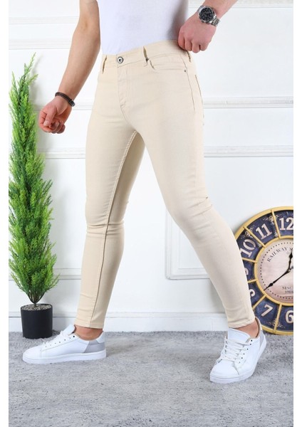 Erkek Jeans Slim Fit Likralı Denim Krem Kot Pantolon