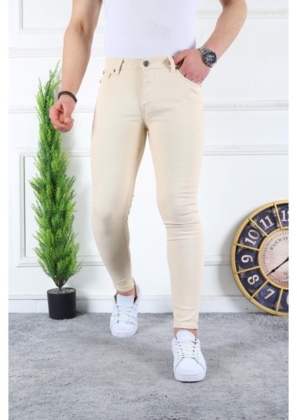 Erkek Jeans Slim Fit Likralı Denim Krem Kot Pantolon modelleri