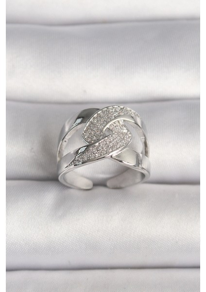 Pirinç Gümüş Renk Ayarlanabilir Zirkon Taşlı Kadın Yüzük - Lisinya