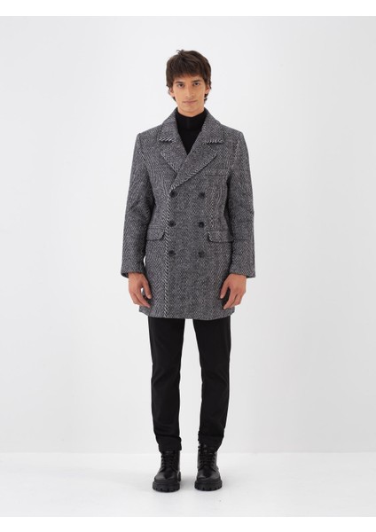 Erkek Siyah Doğal Yün Dokulu Regular Fit Kaban