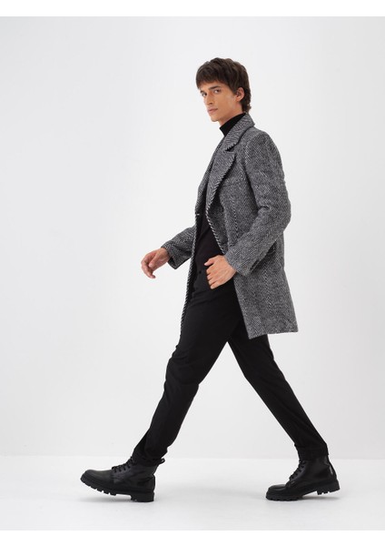 Erkek Siyah Doğal Yün Dokulu Regular Fit Kaban