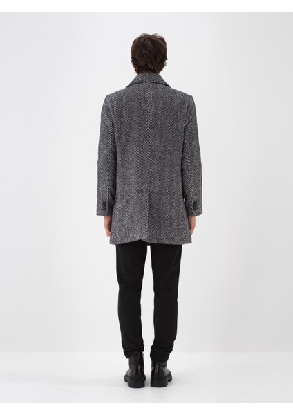 Erkek Siyah Doğal Yün Dokulu Regular Fit Kaban