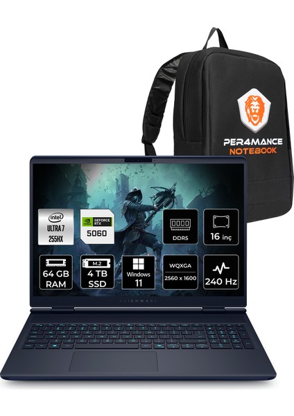Alienware 16X Aurora Intel Core Ultra 7 255HX 64GB 4tb SSD RTX5060/8GB 16" Qhd+ W11H Taşınabilir Bilgisayar & Per4 Çanta AC16251CU732156WP401