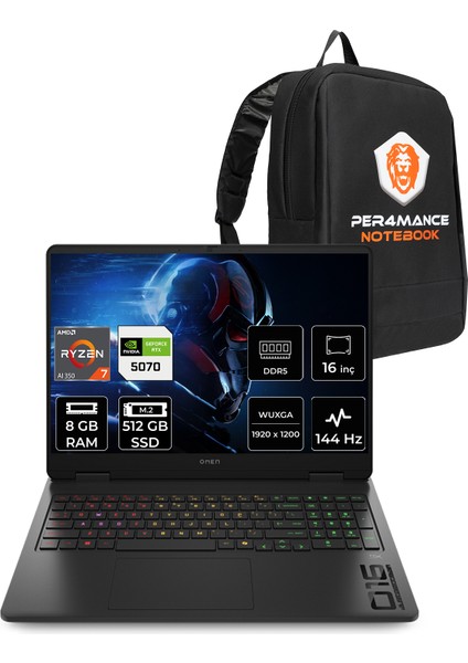 Omen 16 Amd Ryzen Aı 7 350 8gb 512GB SSD RTX5070/8GB 16" Fhd+ 144Hz Fdos Taşınabilir Bilgisayar & Per4 Çanta C52R1EAPN302