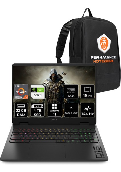 Omen 16 Amd Ryzen 9 8940HX 32GB 4tb SSD RTX5070/8GB 16" Fhd+ 144Hz W11P Taşınabilir Bilgisayar & Per4 Çanta C12CNEAPN443