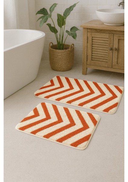 Marta Banyo Paspas Seti 2’li 60X100 & 60X50 cm – Kaymaz Doğal Lateks Taban Yumuşak Kemik Turuncu Renk Geometrik Desenli