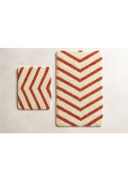 Marta Banyo Paspas Seti 2’li 60X100 & 60X50 cm – Kaymaz Doğal Lateks Taban Yumuşak Kemik Turuncu Renk Geometrik Desenli modelleri