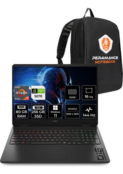 Omen 16 Amd Ryzen Aı 7 350 80GB 256GB SSD RTX5070/8GB 16" Fhd+ 144Hz W11H Taşınabilir Bilgisayar & Per4 Çanta C52R1EAPN403
