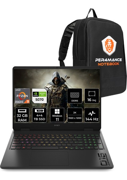 Omen 16 Amd Ryzen 9 8940HX 32GB 4tb+4tb SSD RTX5070/8GB 16" Fhd+ 144Hz W11H Taşınabilir Bilgisayar & Per4 Çanta C12CNEAPN384