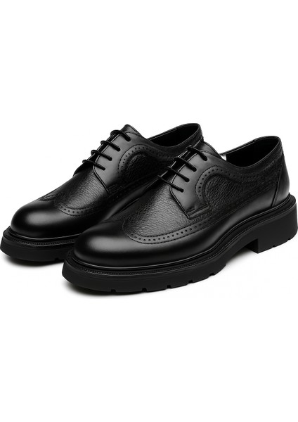 GR0404 Hakiki Deri Italyan Tarz Tasarım Eva Yüksek Taban Koku Yapmaz Siyah Spor Klasik Ayakkabı