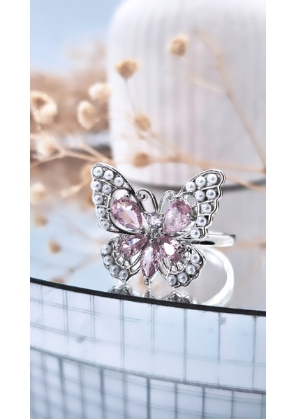 Pembe Beyaz Kelebek Çelik Kaplama Yüzük