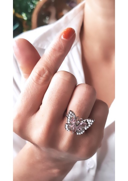 Pembe Beyaz Kelebek Çelik Kaplama Yüzük fiyatları
