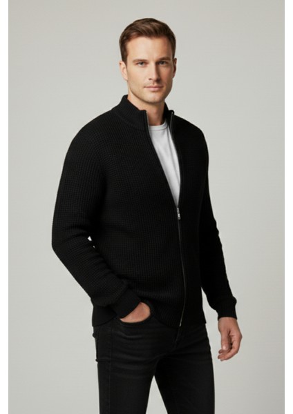 Erkek Hırka Fermuarlı Regular Fit Yarım Balıkçı Yaka Siyah Triko Ceket Normal Kesim Waffle