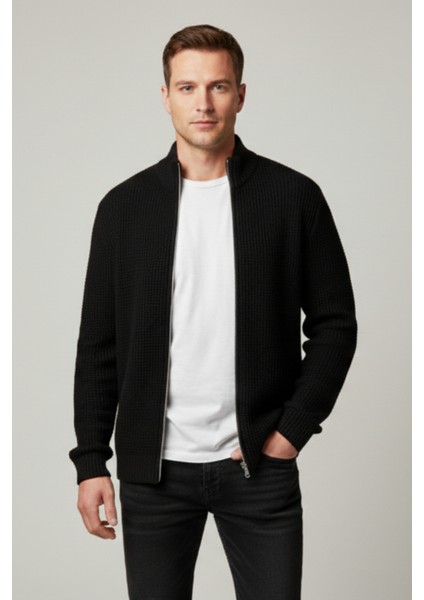 Erkek Hırka Fermuarlı Regular Fit Yarım Balıkçı Yaka Siyah Triko Ceket Normal Kesim Waffle fiyatları