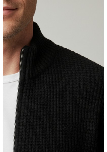 Erkek Hırka Fermuarlı Regular Fit Yarım Balıkçı Yaka Siyah Triko Ceket Normal Kesim Waffle modelleri