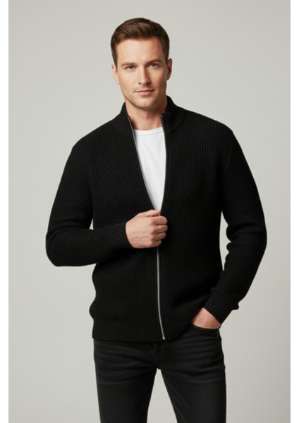 Erkek Hırka Fermuarlı Regular Fit Yarım Balıkçı Yaka Siyah Triko Ceket Normal Kesim Waffle fırsatları