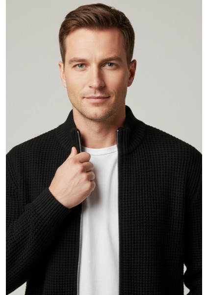 Erkek Hırka Fermuarlı Regular Fit Yarım Balıkçı Yaka Siyah Triko Ceket Normal Kesim Waffle indirimleri