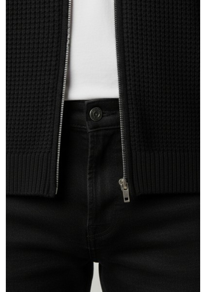 Erkek Hırka Fermuarlı Regular Fit Yarım Balıkçı Yaka Siyah Triko Ceket Normal Kesim Waffle