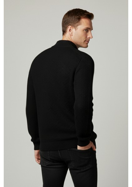 Erkek Hırka Fermuarlı Regular Fit Yarım Balıkçı Yaka Siyah Triko Ceket Normal Kesim Waffle
