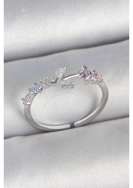 Pirinç Gümüş Renk Zirkon Taşlı Çiçek Model Ayarlanabilir Kadın Yüzük - Lisinya